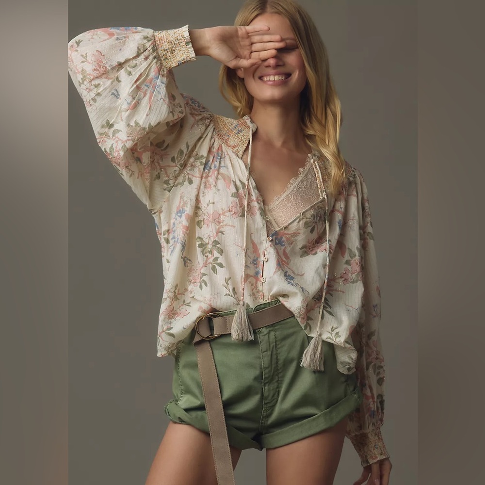 Anthropologie Cream Floral Button-Up Blouse with Tassel Tie